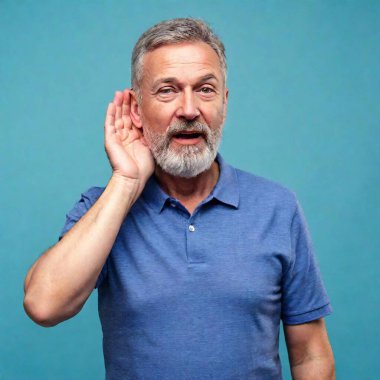 senior male in blue shirt with hearing aid on his ear listening to music on blue background clipart