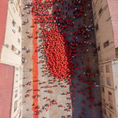 An overhead view of the La Tomatina festival, showing the streets filled with participants and a sea of crushed tomatoes underfoot clipart