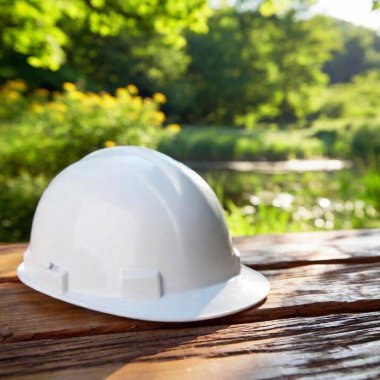 white hard hat on wooden table nature in background clipart