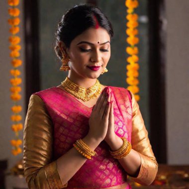 Design an overhead full shot of a female adult participating in Diwali prayers, with rack focus beginning on the intricate details of the prayer thali, then smoothly transitioning to her folded hands and serene face clipart