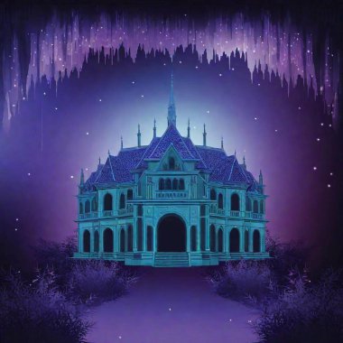 a tall fantasy dark elven/elvish building, exterior, set in the underground cave/caverns of the underdark, fantasy, purple blue and black coloration, stalagmites & stalactites in background, menzoberranzan, SET UNDERGROUND clipart