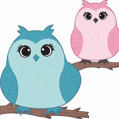 cute illustration of 2 cute owls (1 blue owl plus 1 pink owl) clipart