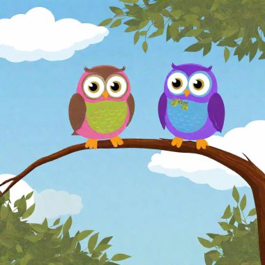 cute colorful and fun illustration of 2 happy and cute owls in a love reconciliation clipart