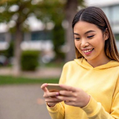 asian woman using mobile phone in city. young woman smiling and looking at camera. happy asian woman using mobile phone in park, using smartphone app clipart