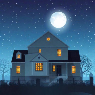 night scene with house and trees clipart