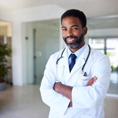 young handsome black doctor man smiling at the hospital clipart