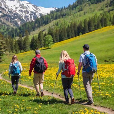 group of people with hiking in the mountains clipart