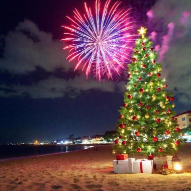 christmas and new year concept. holiday and christmas tree on the beach at night. clipart