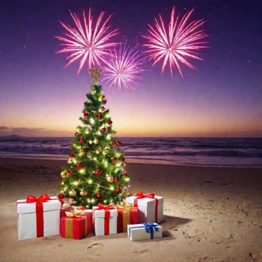 Fireworks with Christmas tree with lights and presents and books outside on beach clipart