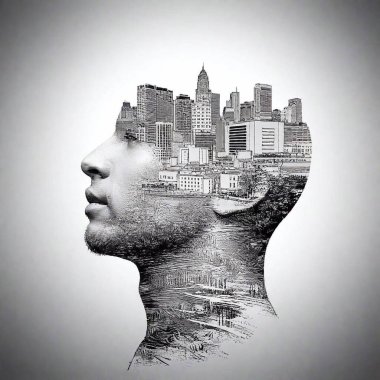 double exposure of man and cityscape clipart