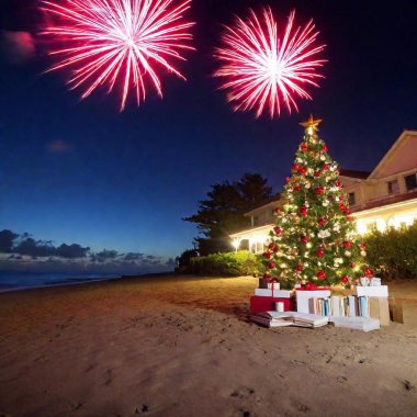 beautiful christmas tree in the beach at night clipart