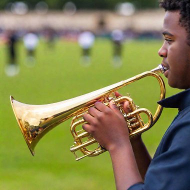 Close up of black teenager wearing a marching band uniform playing a trumpet on a football field with blurry background clipart