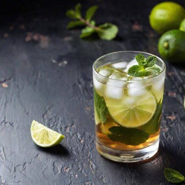 a realistic photo, on a dark background, of a glass of mojito made with dark rum clipart