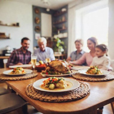 young family at dinner table with food and dinner concept clipart