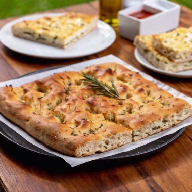 squares of rosemary focaccia with oil and pizza with red sauce, on an outdoor picnic table clipart