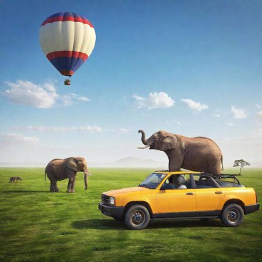 car and air balloon in the desert clipart