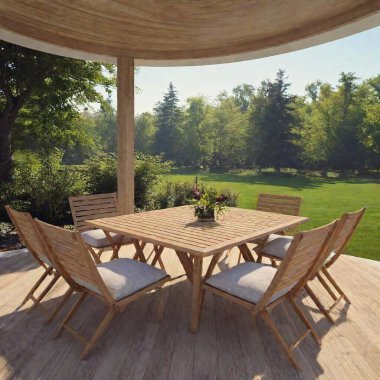 Create a photorealistic image showcasing the craftsmanship of a deck construction company. The image should feature a stunning outdoor setting with a beautifully designed deck as the focal point. Ensure that every detail, from the wood grain to the clipart