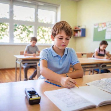 Show a european classroom with children aged 10 years, books on every table, drawing and sketching kids being eager to learn. In the background slightly blurry the teacher describing nature as show and tell clipart