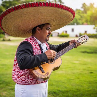 portrait of latin man with mexican guitar and sombrero clipart