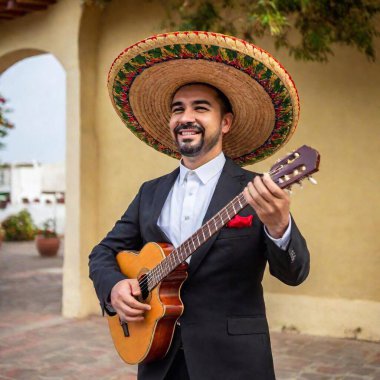 handsome latin businessman with mexican brero and hat holding sombrero clipart