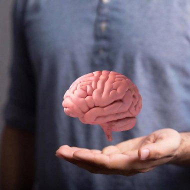 close - up of male human hand showing brain on dark background, original photoset clipart