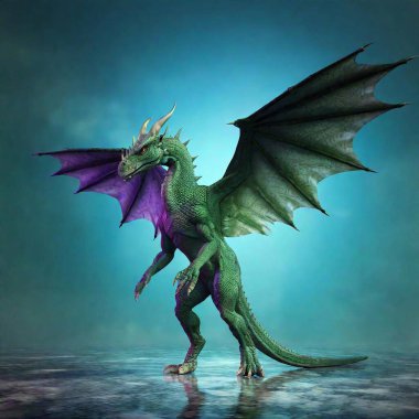 Cinematic-style CGI-style 3-D render of a large, beautiful fantasy dragon, blue-green iridescent armored scales, opalescent, intelligent lightning-colored eyes. Wings, 4 legs, long tail. Caring expression. High detail, high definition, cinematic clipart