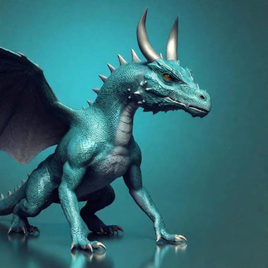 Cinematic-style CGI-style 3-D render of a friendly anthropomorphic fantasy dragon, large, beautiful blue-green iridescent armored scales, opalescent, intelligent lightning-colored eyes. Wings, 4 legs, long tail. Caring expression. High detail, high clipart