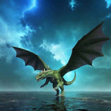 Cinematic-style CGI-style 3-D render of a friendly realistic fantasy dragon having fun flying in a thunderstorm. Large, beautiful blue-green iridescent armored scales, opalescent, intelligent lightning-colored eyes. Realistic wings, 4 legs, long clipart