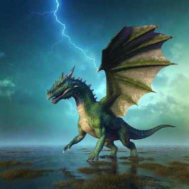 Cinematic-style CGI-style 3-D render, realistic fantasy dragon having fun in a thunderstorm. Dragon design inspired by Michael Whelan and Gustavo 'Ciruelo' Cabral and Anne Stokes. Large, beautiful blue-green iridescent armored scales, opalescent clipart