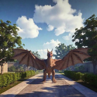 movie CGI, UHD 3d render, realistic big-wing sweet-faced pet lightning dragon landing in a schoolyard, friendly, slender, live-action fantasy film by Peter Jackson, Wachowski brothers, Michael Bay, flying, three-quarter view, Unreal Engine, trending clipart