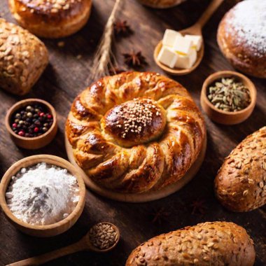 A close-up flatlay of a traditional Polish Wigilia table, highlighting the details of Christmas Eve symbols such as hay under the table, detailed carvings on wooden Christmas decorations, and close-up views of Polish Christmas pastries clipart