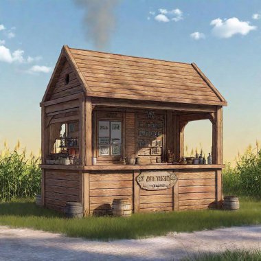 create concept art for a design for a steampunk-themed wooden merchant stall for Les Deux Bayou STEAM Park that is based on renaissance festival stall designs with canvas roof clipart