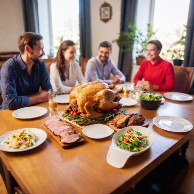 Produce a full shot of a Wigilia family gathering with a Dutch angle and shallow focus. Show Caucasian male and female family members enjoying lean dishes like sauerkraut and lean meats, with the table set for a festive but healthy celebration clipart