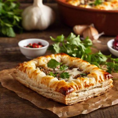 traditional georgian khachapuri pie with meat, cheese and herbs clipart