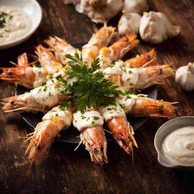 shrimps with herbs and garlic. clipart