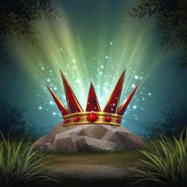 A jagged crown made of light stone and gold metal with a red glowing crystal in the crest.  It sits on the floor of a dense jungle and there is a mist all around.  Rays of light come from the edges and there is a dark background.  Digital painting clipart