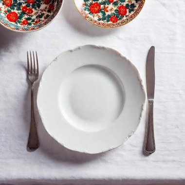 A flatlay close-up of Polish Christmas Eve tableware, featuring the fine details of traditional ceramic plates, ornate cutlery, and the texture of a white tablecloth adorned with Christmas motifs clipart