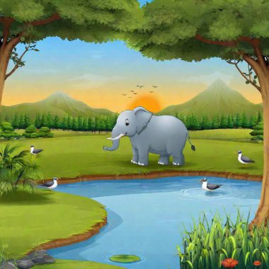 cartoon safari scene with elephant in the meadow with different forest animals illustration clipart