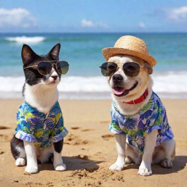 At the seashore, a cat and a dog enjoy a day of rest dressed in beachwear. The cat is wearing a small straw hat and sunglasses, while the dog sports a Hawaiian shirt and a flower necklace. Together, they relax on the sand, watching the gently clipart