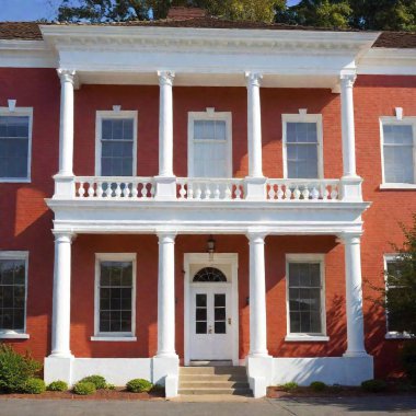 white brick house with red windows clipart