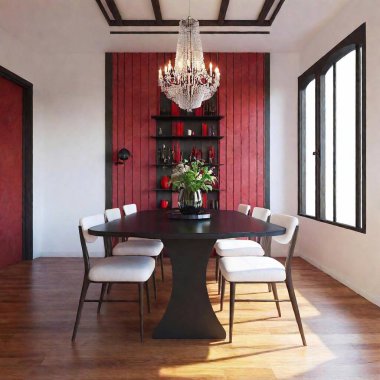 interior of a modern house, wooden table, red and black. clipart