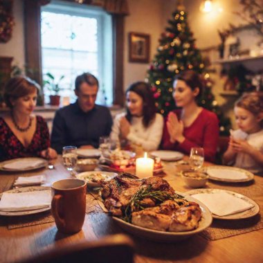 A photo capturing a Polish Christmas Eve dinner where a family is seated around a table, with an emphasis on the moment of prayer before the meal, including traditional religious symbols like a nativity figurine and candles clipart