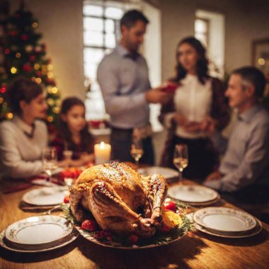 A reflective photo of a Polish Christmas Eve dinner with family members gathered around the table, focusing on a moment of prayer or reading from the Bible, with traditional religious elements and decorations in the background. clipart