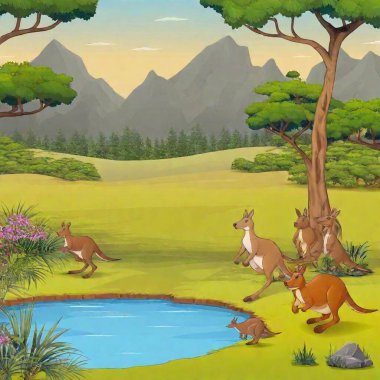 Cartoon of Australian adventure with kids and kangaroos clipart