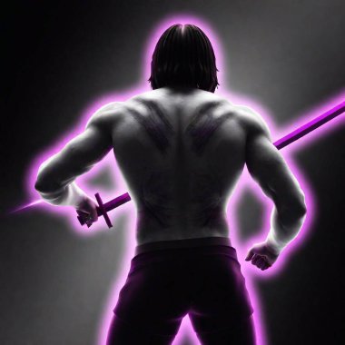 render in cartoon/comics type imagery.. a dark haired fighter from the back with a sword.  Black and white probably with the exception of hot pink and fluorescent green strokes/ highlights of color going through the image.  Something that would be a clipart