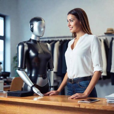 create an photo-realistic image in wide format of a boutique owner standing at her shop counter next to her is a friendly cyborg. Both are looking out at the viewer. clipart