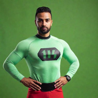 handsome man in superhero costume against green background clipart