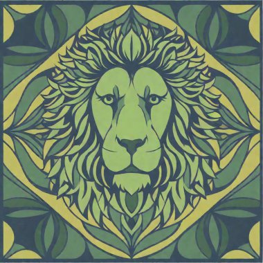 an art deco style lion from the 1920's with a geometric art deco background, green and jewl tone color palete clipart