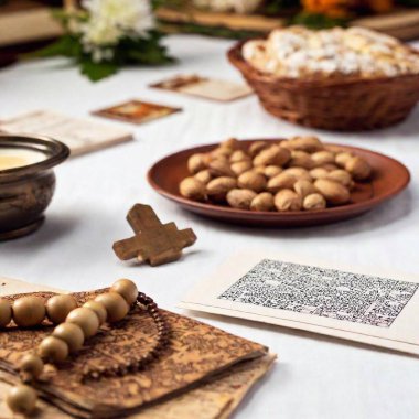 A flatlay image capturing a Polish Wigilia table with a split diopter effect, emphasizing both the close-up details of religious symbols such as a crucifix and prayer cards, and the wider scene of the traditional table setup clipart