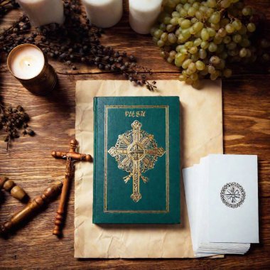 A flatlay image capturing a Polish Wigilia table with a split diopter effect, emphasizing both the close-up details of religious symbols such as a crucifix and prayer cards, and the wider scene of the traditional table setup clipart